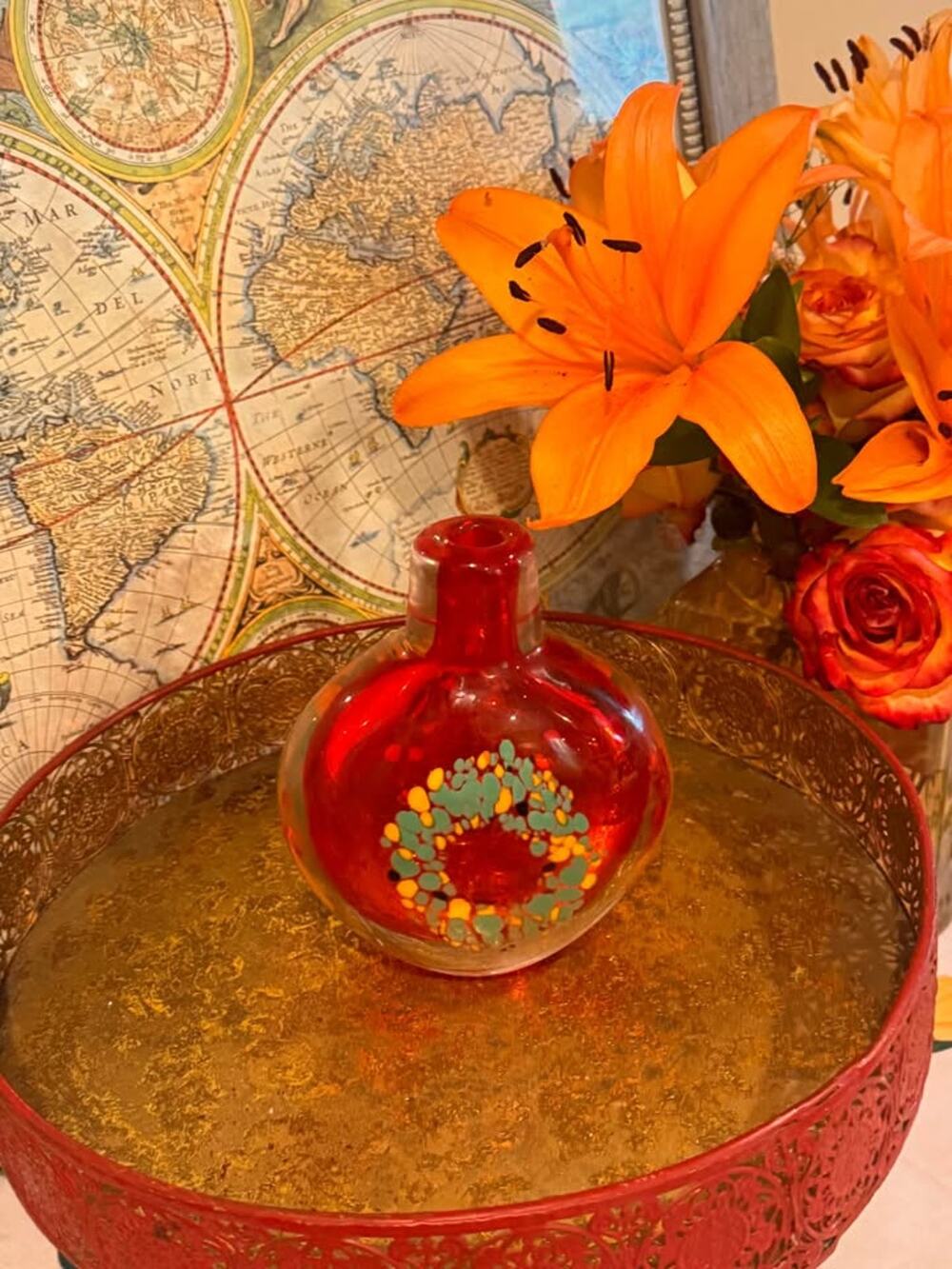 Vintage Red Art Glass Perfume Bottle Murano Style Confetti Spatter Vase
